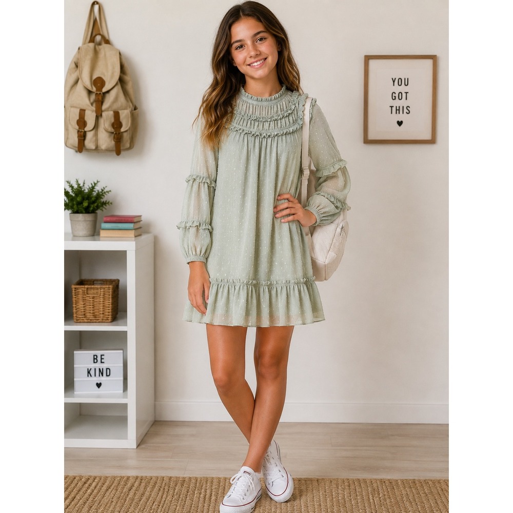Zara Girls Size 10 Sage Green Swiss Dot Ruffle Long Sleeve Boho Shift Mini Dress